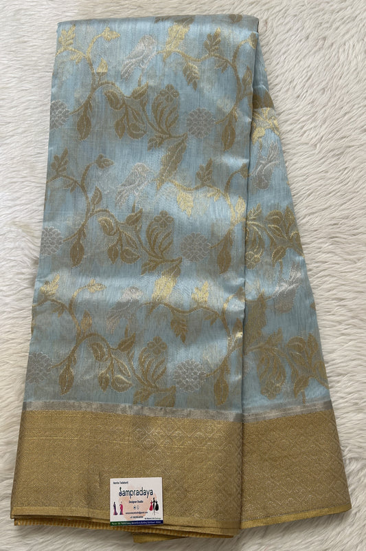 Chanderi Pattu Saree Pastel Blue colored saree complemented with a Gold Zari border - Sampradaya Designer Studio