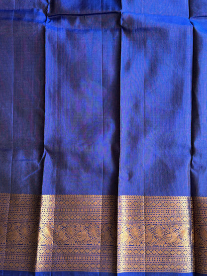 Pure Kanjivaram Silk Saree Dark Blue Colored Elegantly Paid with a Gold Zari Border.