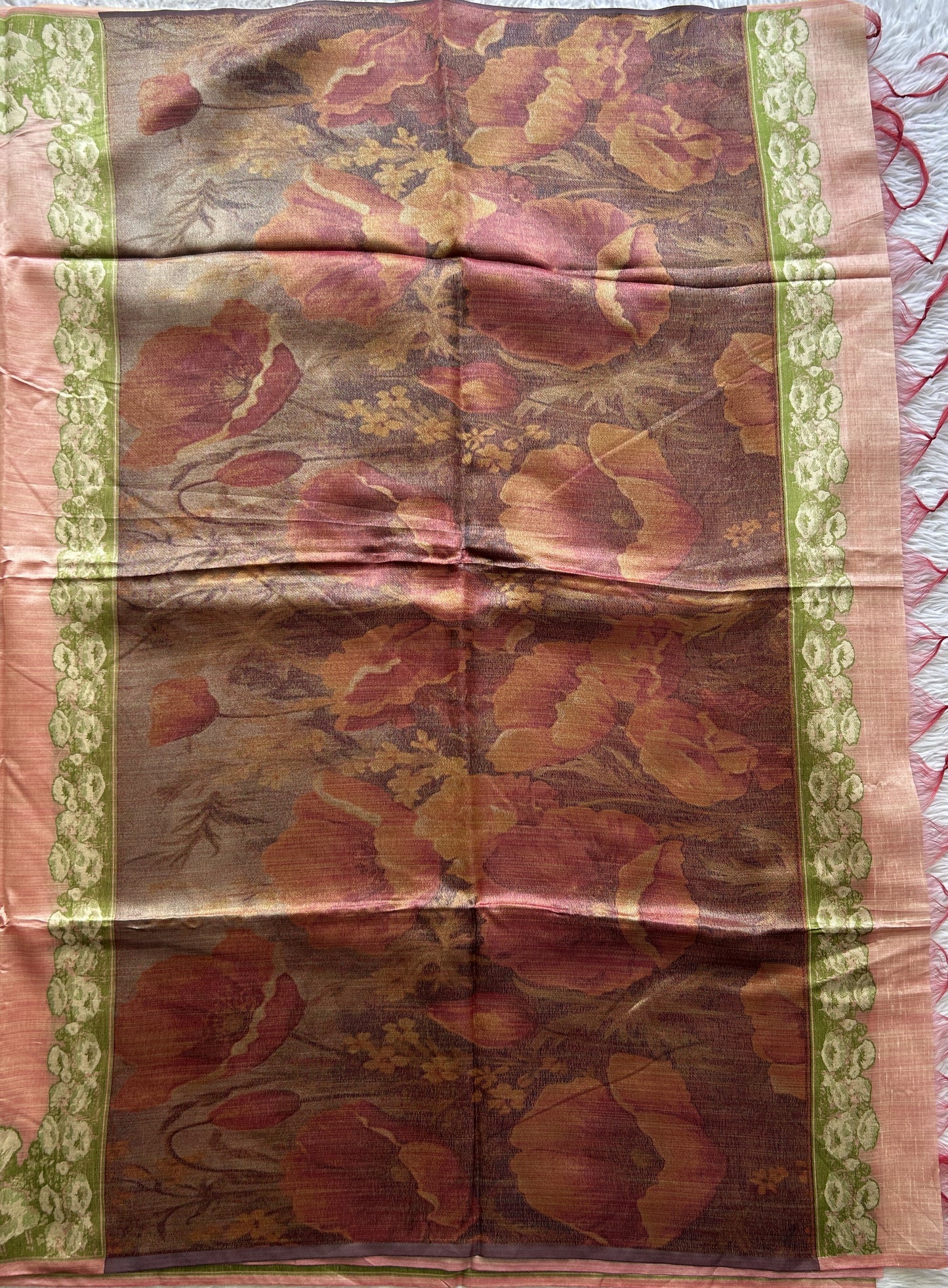 Semi Tussar Saree Peach Colored complemented with a Embosed Border. - Sampradaya Designer Studio