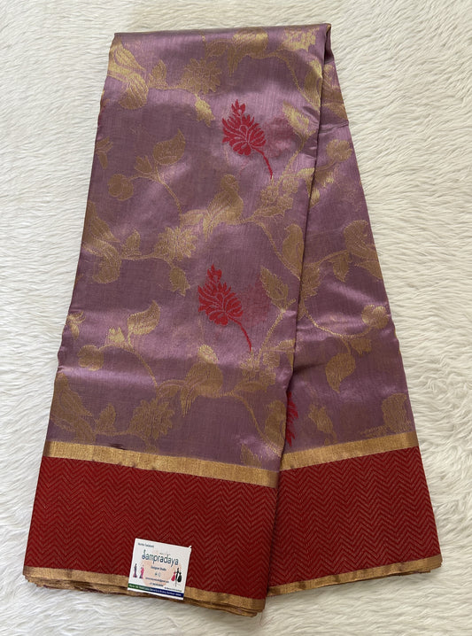 Chanderi Pattu Saree Lavender colored saree complemented with a Red Colored Gold Zari border - Sampradaya Designer Studio
