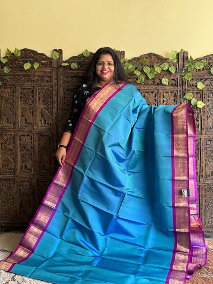 Pure Kanjivaram Silk Saree Olympic Colored Elegantly Paid with a Gold Zari Border.