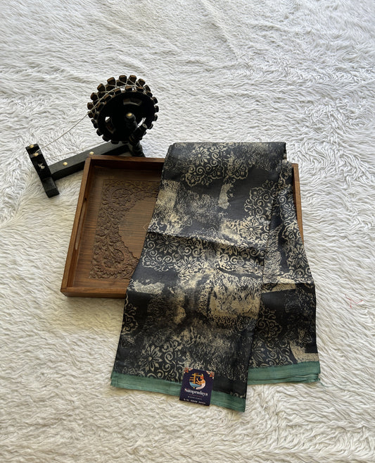 Pure Tussar Silk Saree Black Color Elegantly Paired with a Borderless. - Sampradaya Designer Studio