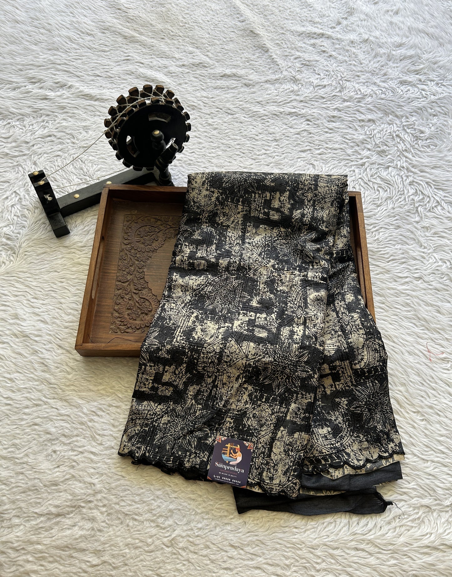 Pure Tussar Silk Saree Black Color Elegantly Paired with a Scallop Border. - Sampradaya Designer Studio