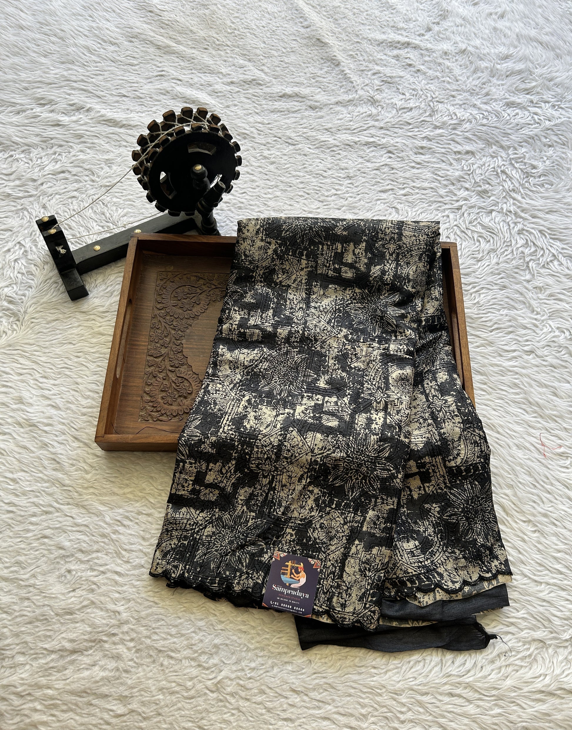 Pure Tussar Silk Saree Black Color Elegantly Paired with a Scallop Border. - Sampradaya Designer Studio