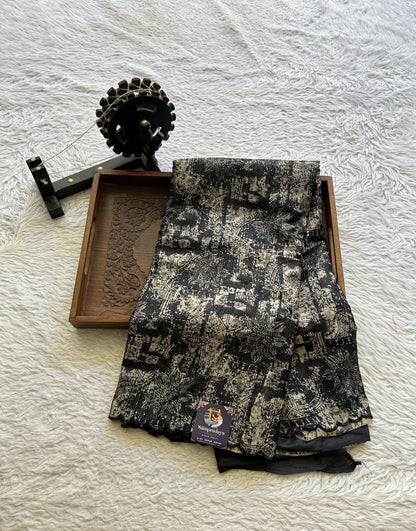 Pure Tussar Silk Saree Black Color Elegantly Paired with a Scallop Border. - Sampradaya Designer Studio