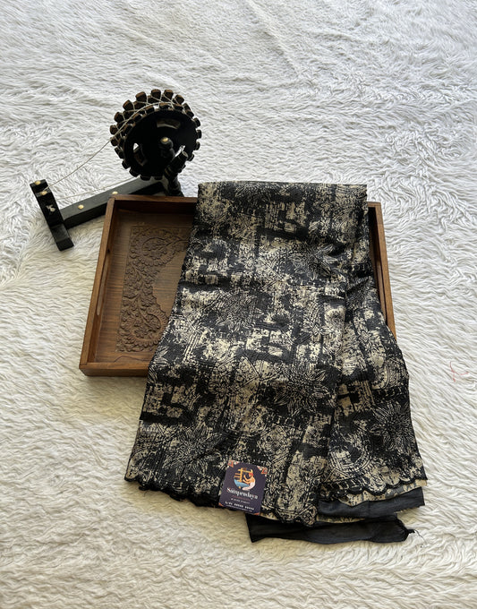 Pure Tussar Silk Saree Black Color Elegantly Paired with a Scallop Border. - Sampradaya Designer Studio