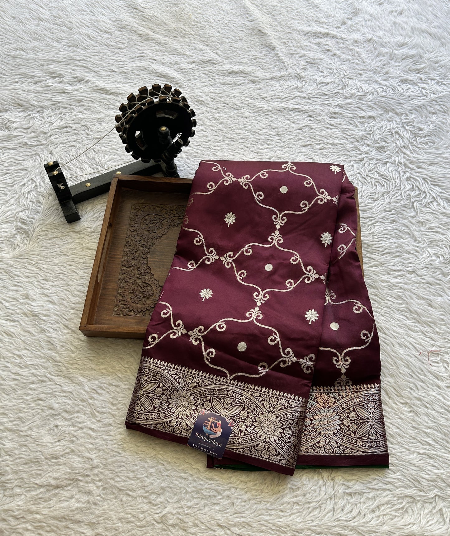 Chiniya Silk Saree Wine Colored Exquisite with a Zari Border. - Sampradaya Designer Studio