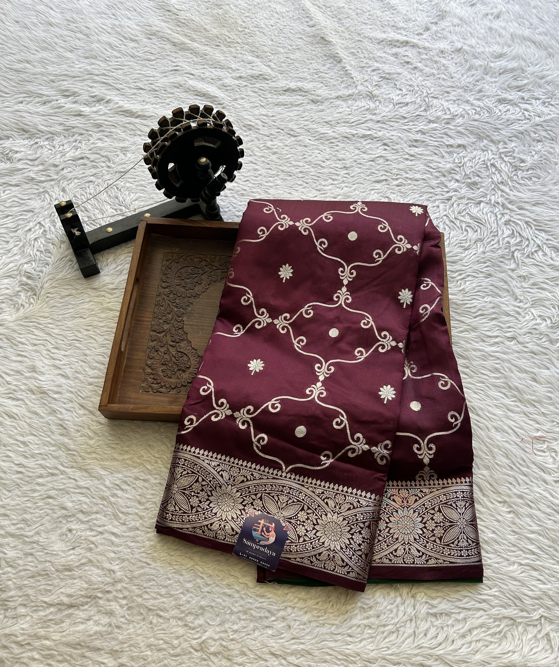 Chiniya Silk Saree Wine Colored Exquisite with a Zari Border. - Sampradaya Designer Studio
