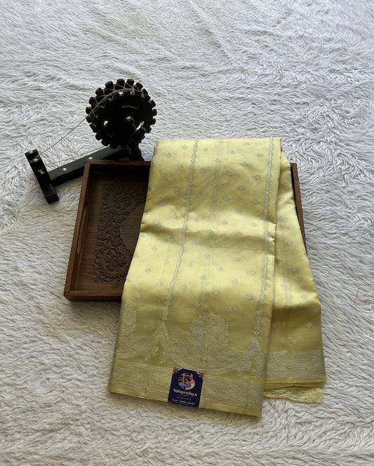 Chiniya Silk Saree Very Light Yellow Colored Exquisite with a Zari Border. - Sampradaya Designer Studio