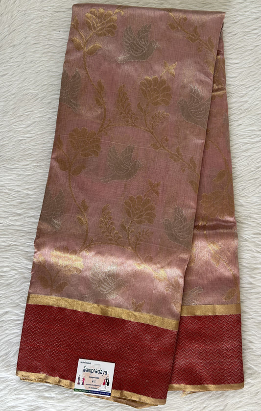 Chanderi Pattu Saree Rose Pink colored saree complemented with a Red Colored Gold Zari border - Sampradaya Designer Studio