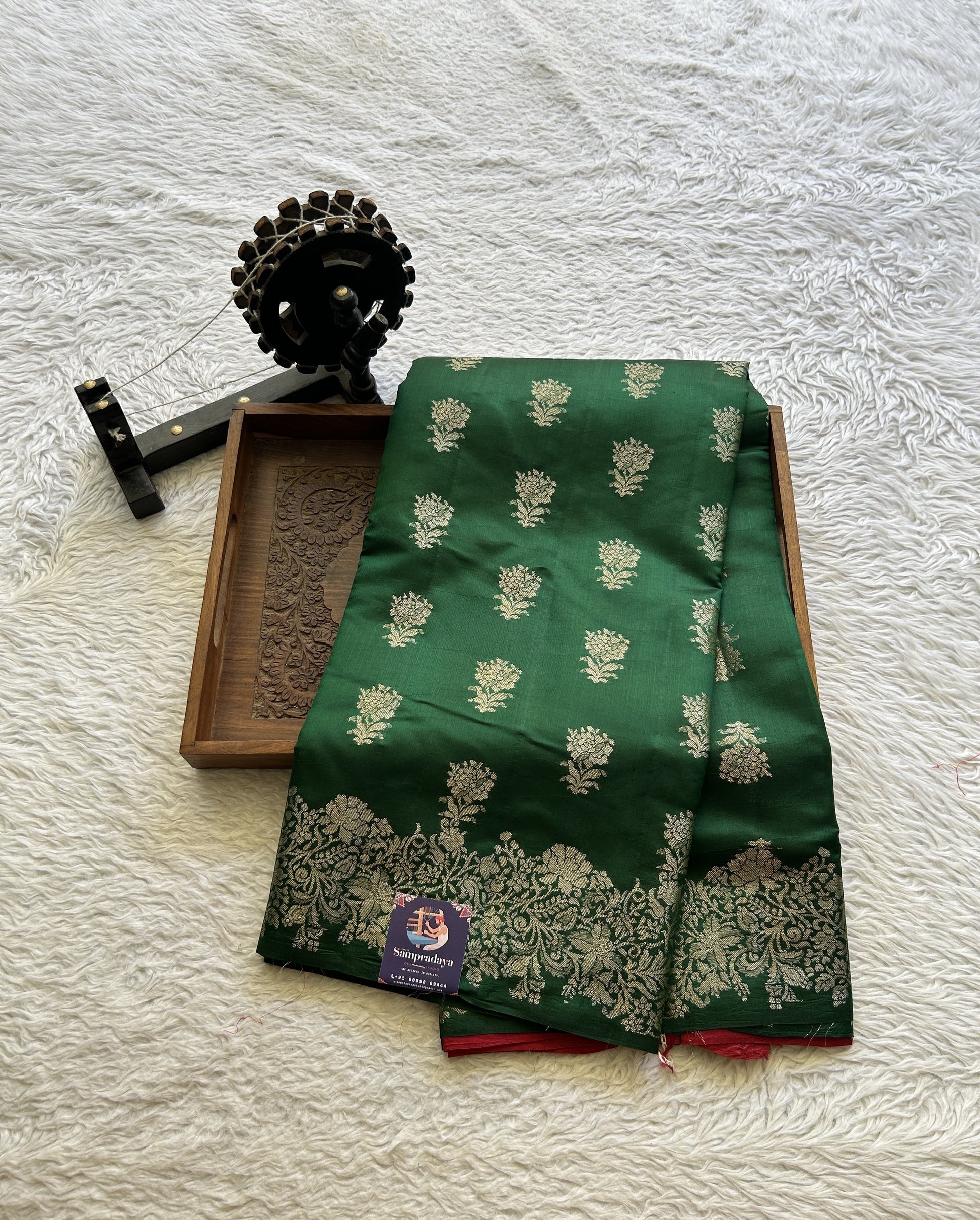 Chiniya Silk Saree Green Colored Exquisite with a Zari Border. - Sampradaya Designer Studio