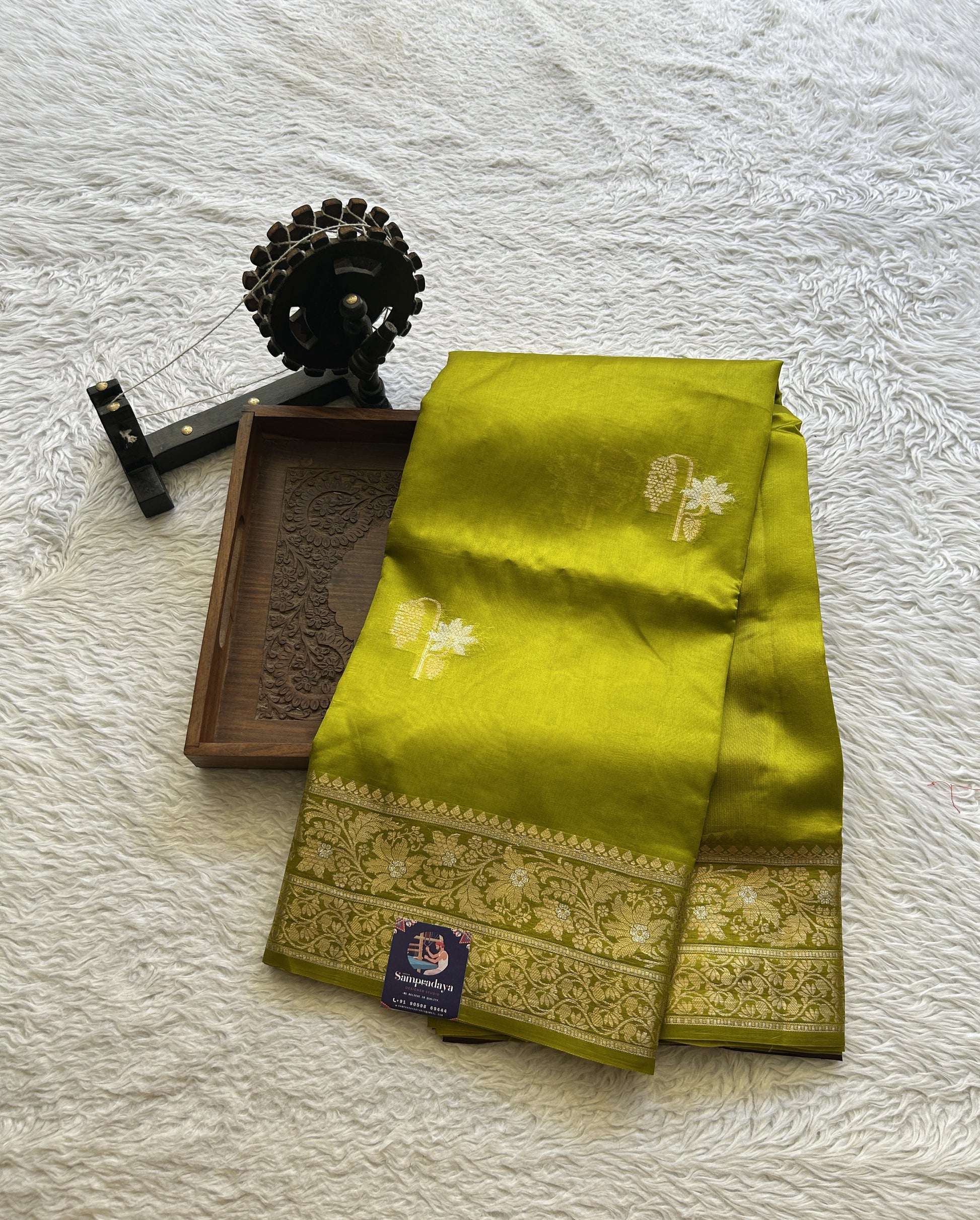Chiniya Silk Saree Lime Green Colored Exquisite with a Zari Border. - Sampradaya Designer Studio