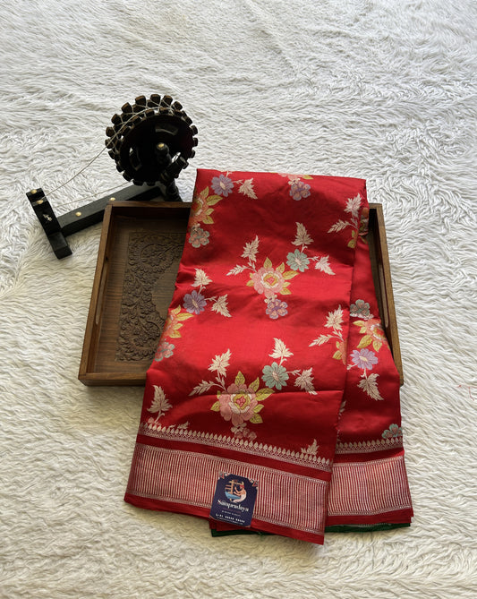Chiniya Silk Saree Red Colored Exquisite with a Zari Border. - Sampradaya Designer Studio
