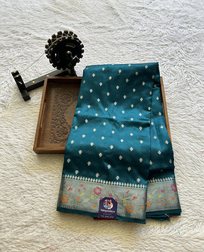 Chiniya Silk Saree Peacock Blue Colored Exquisite with a Zari Border. - Sampradaya Designer Studio