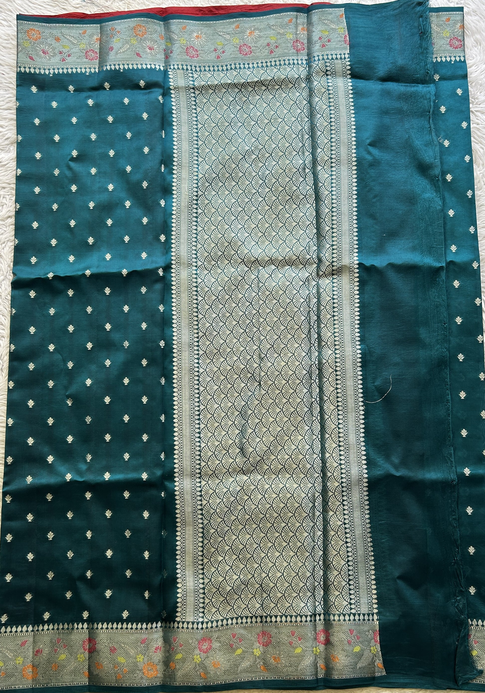 Chiniya Silk Saree Peacock Blue Colored Exquisite with a Zari Border. - Sampradaya Designer Studio