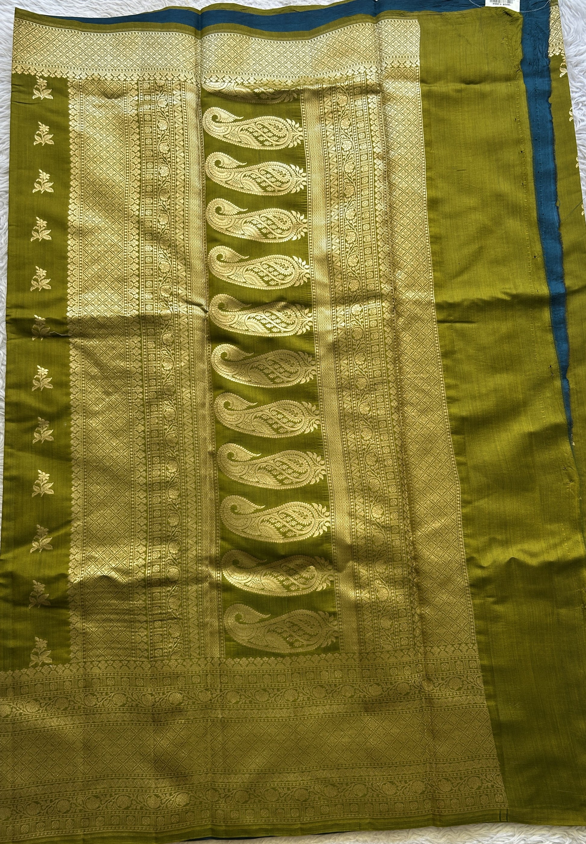 Chiniya Silk Saree Olive Green Colored Exquisite with a Zari Border. - Sampradaya Designer Studio