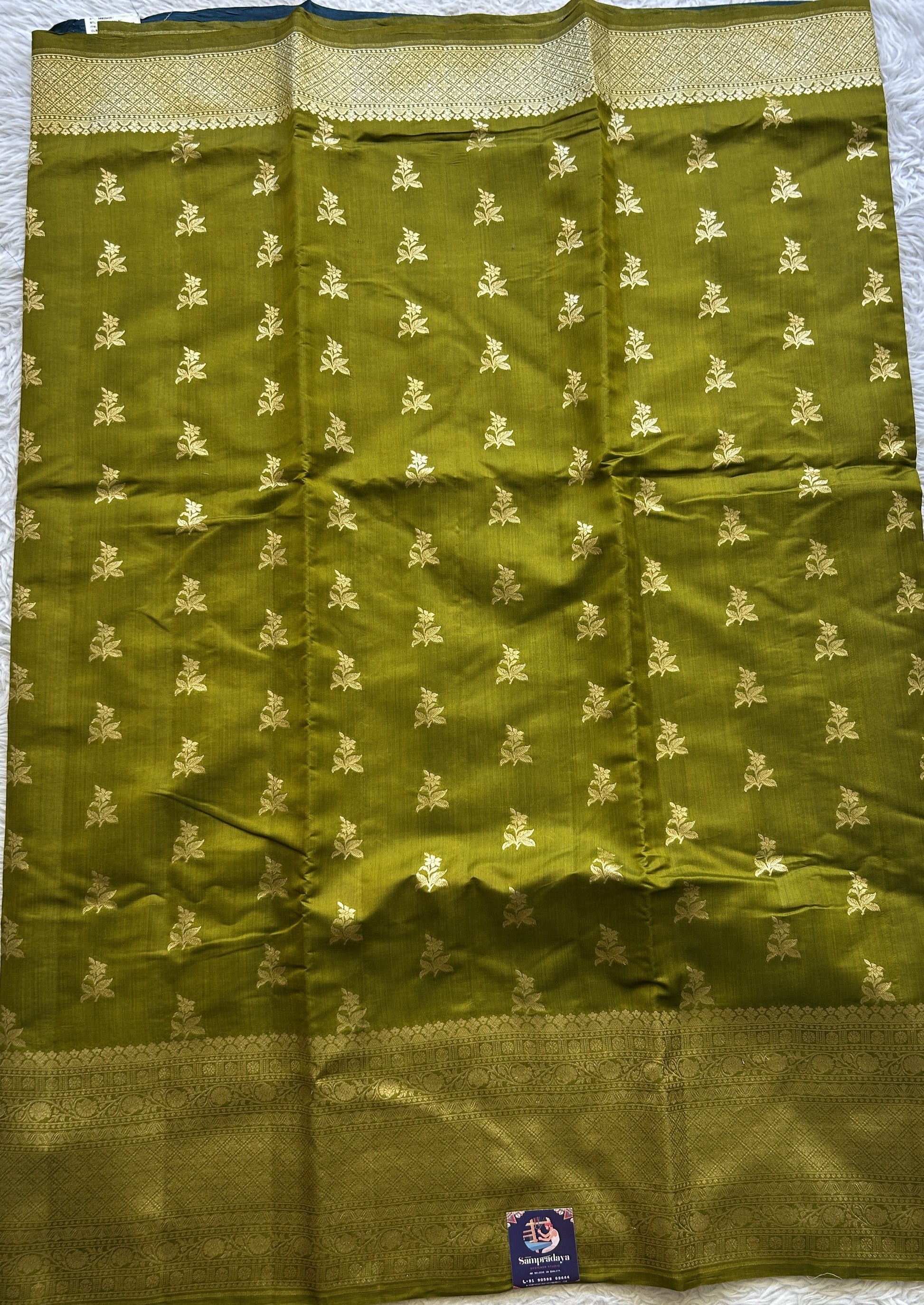 Chiniya Silk Saree Olive Green Colored Exquisite with a Zari Border. - Sampradaya Designer Studio