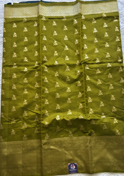 Chiniya Silk Saree Olive Green Colored Exquisite with a Zari Border. - Sampradaya Designer Studio