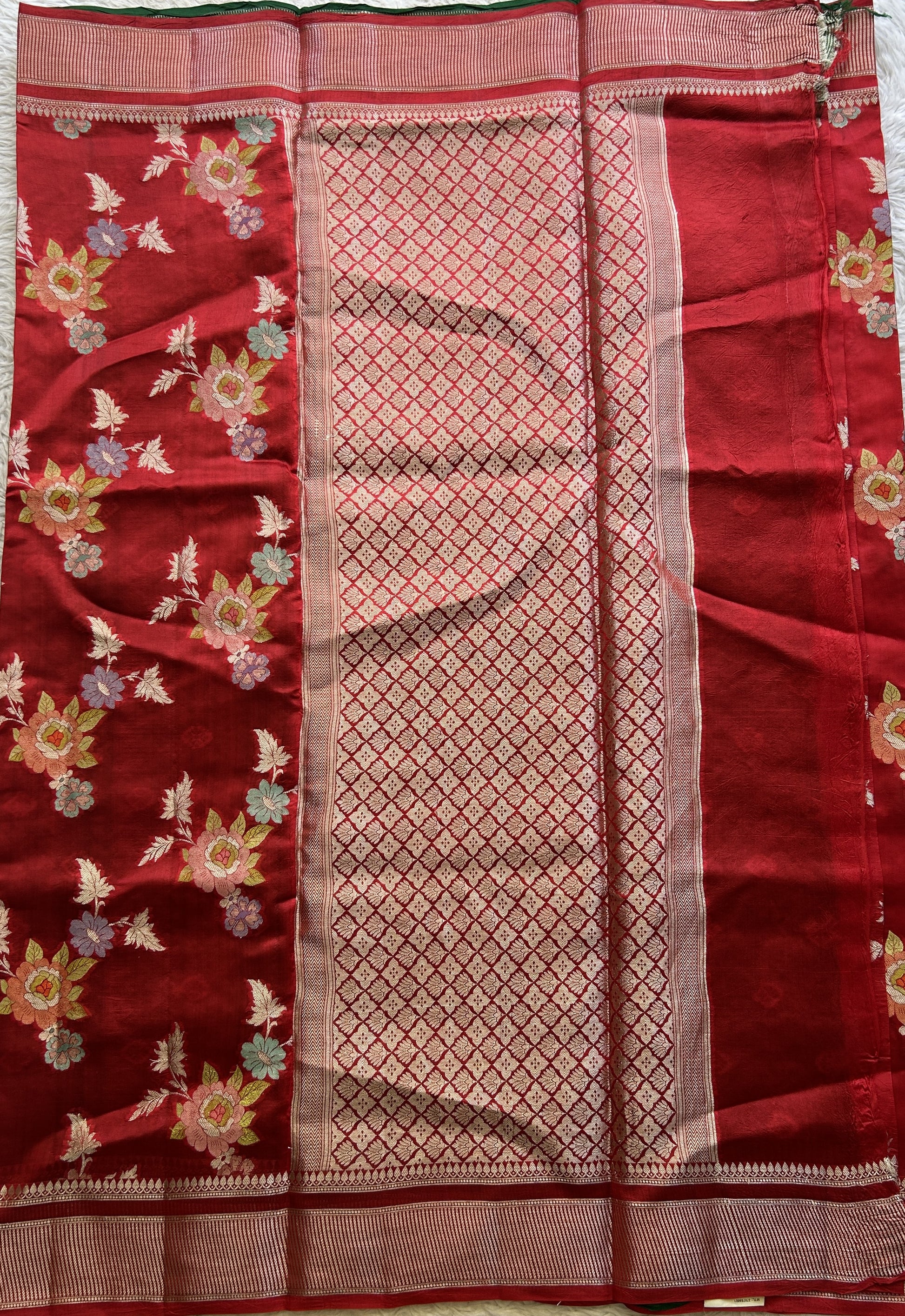 Chiniya Silk Saree Red Colored Exquisite with a Zari Border. - Sampradaya Designer Studio