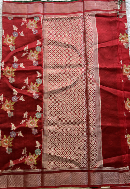 Chiniya Silk Saree Red Colored Exquisite with a Zari Border. - Sampradaya Designer Studio