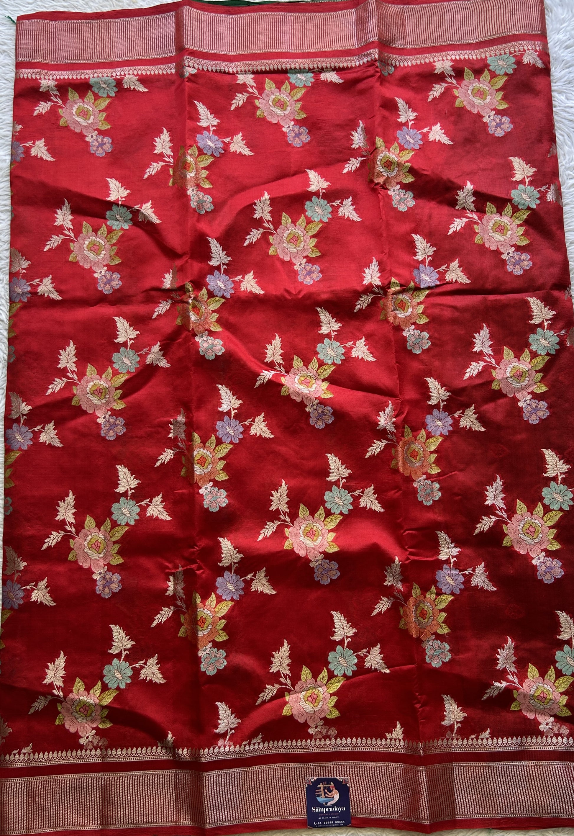 Chiniya Silk Saree Red Colored Exquisite with a Zari Border. - Sampradaya Designer Studio