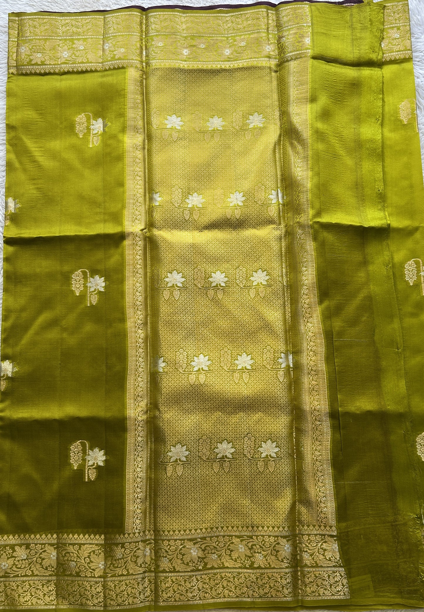 Chiniya Silk Saree Lime Green Colored Exquisite with a Zari Border. - Sampradaya Designer Studio