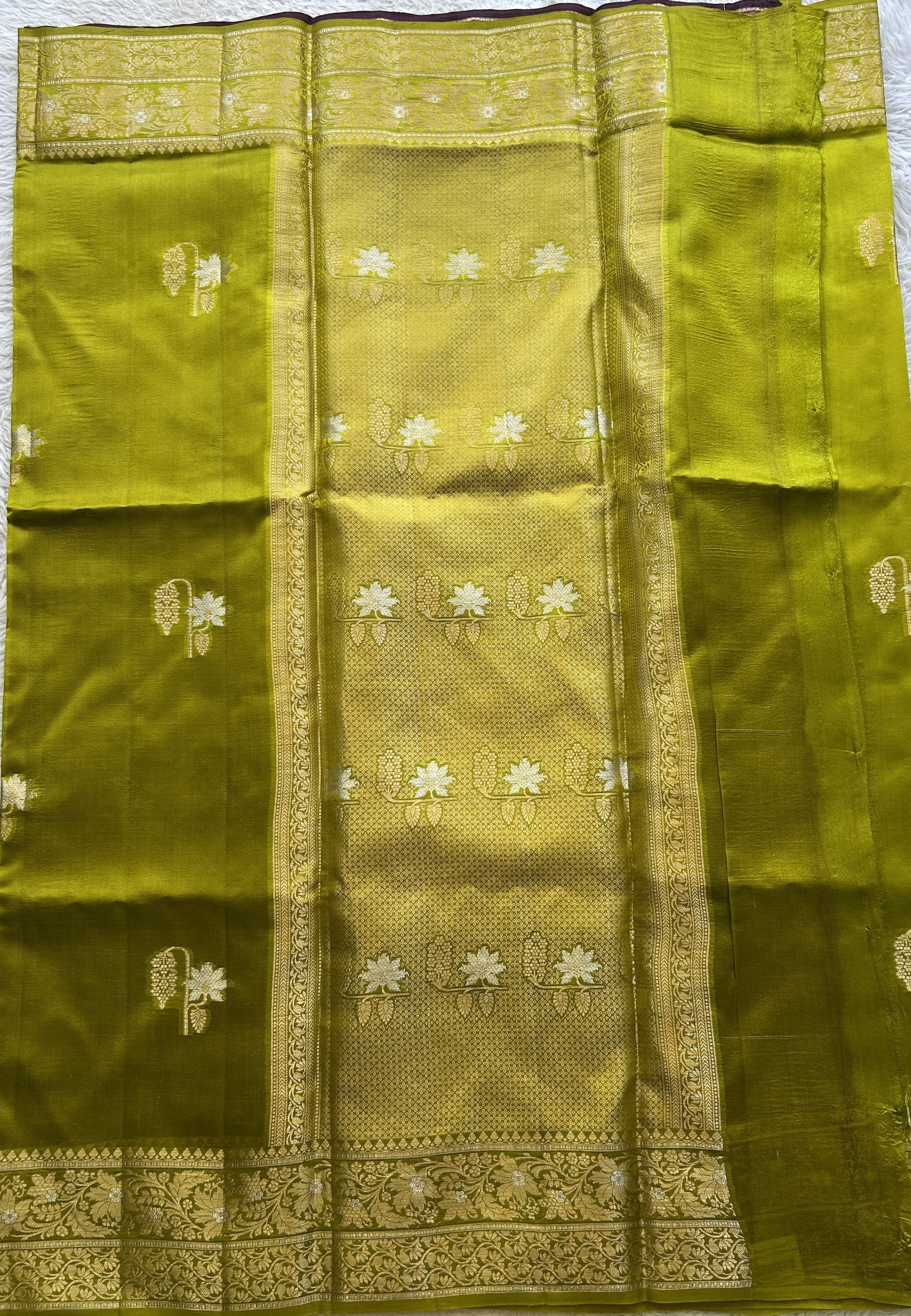 Chiniya Silk Saree Lime Green Colored Exquisite with a Zari Border. - Sampradaya Designer Studio