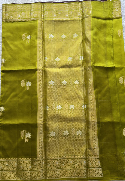 Chiniya Silk Saree Lime Green Colored Exquisite with a Zari Border. - Sampradaya Designer Studio