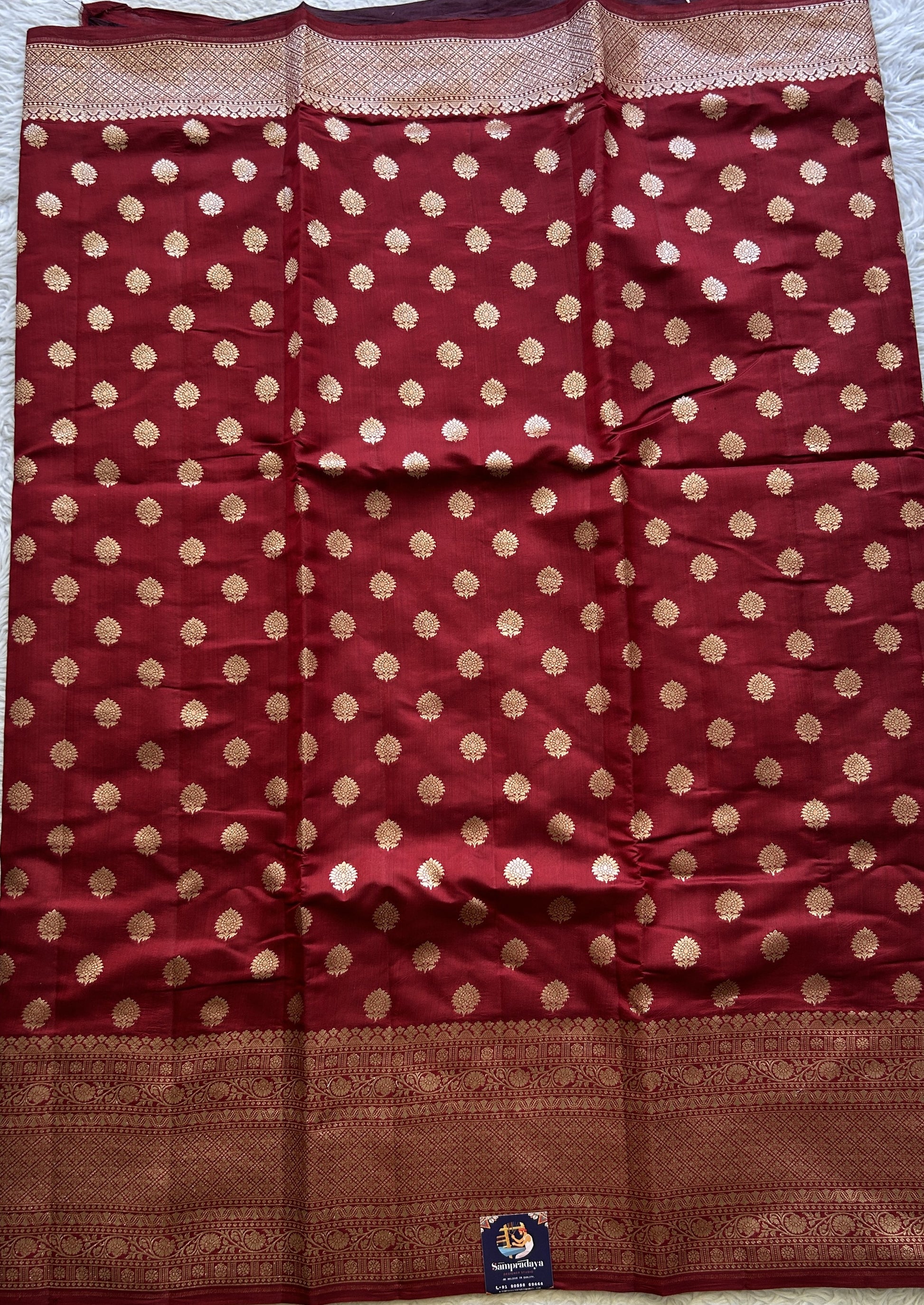 Chiniya Silk Saree Maroon Colored Exquisite with a Zari Border. - Sampradaya Designer Studio