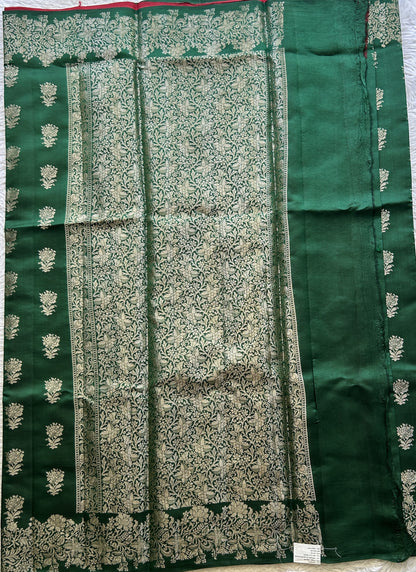 Chiniya Silk Saree Green Colored Exquisite with a Zari Border. - Sampradaya Designer Studio