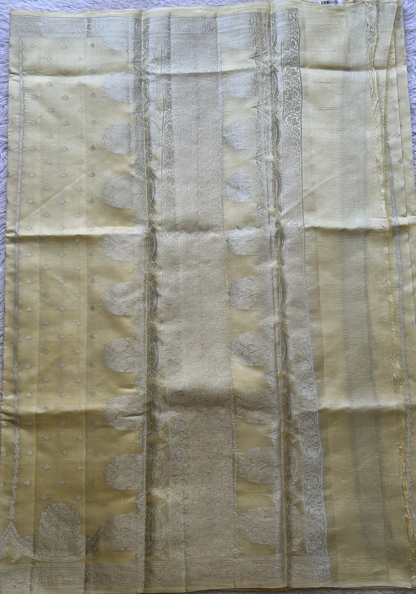Chiniya Silk Saree Very Light Yellow Colored Exquisite with a Zari Border. - Sampradaya Designer Studio