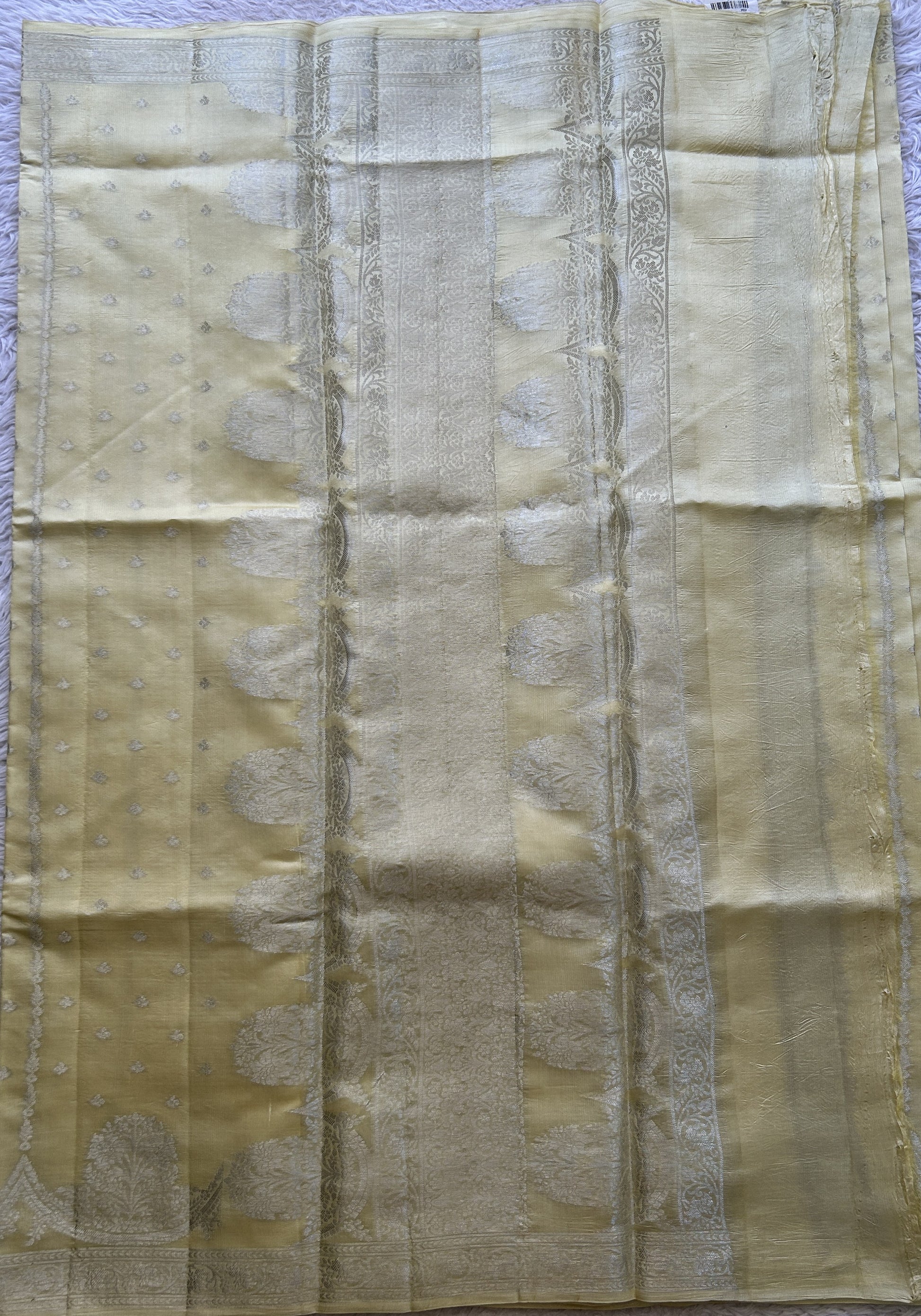 Chiniya Silk Saree Very Light Yellow Colored Exquisite with a Zari Border. - Sampradaya Designer Studio