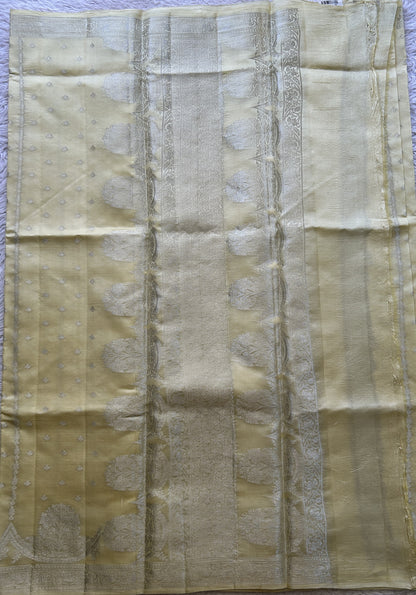 Chiniya Silk Saree Very Light Yellow Colored Exquisite with a Zari Border. - Sampradaya Designer Studio