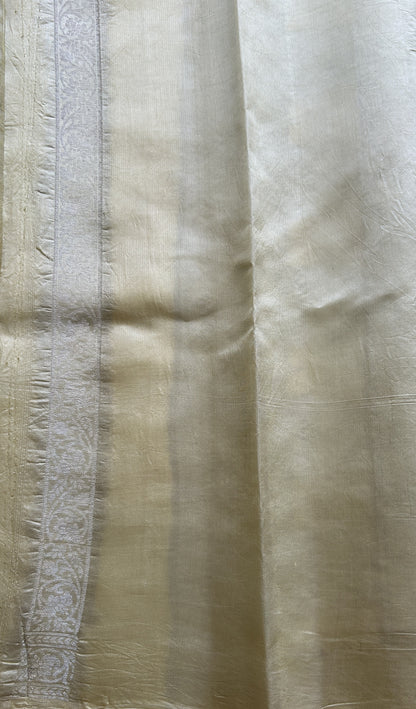 Chiniya Silk Saree Very Light Yellow Colored Exquisite with a Zari Border. - Sampradaya Designer Studio