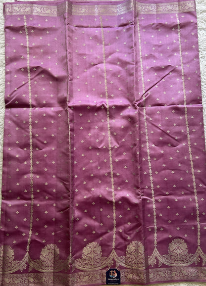 Chiniya Silk Saree Baby Pink Colored Exquisite with a Zari Border. - Sampradaya Designer Studio