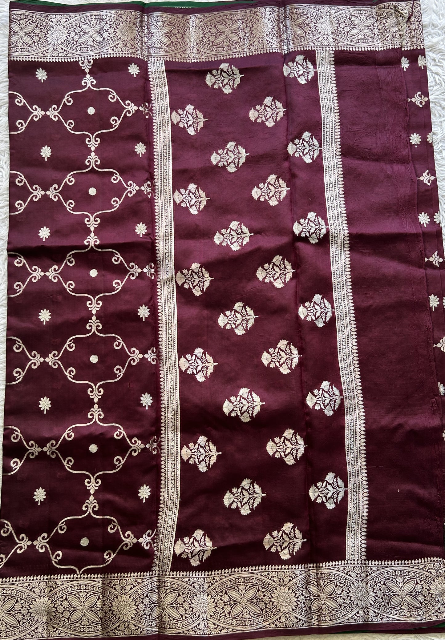 Chiniya Silk Saree Wine Colored Exquisite with a Zari Border. - Sampradaya Designer Studio