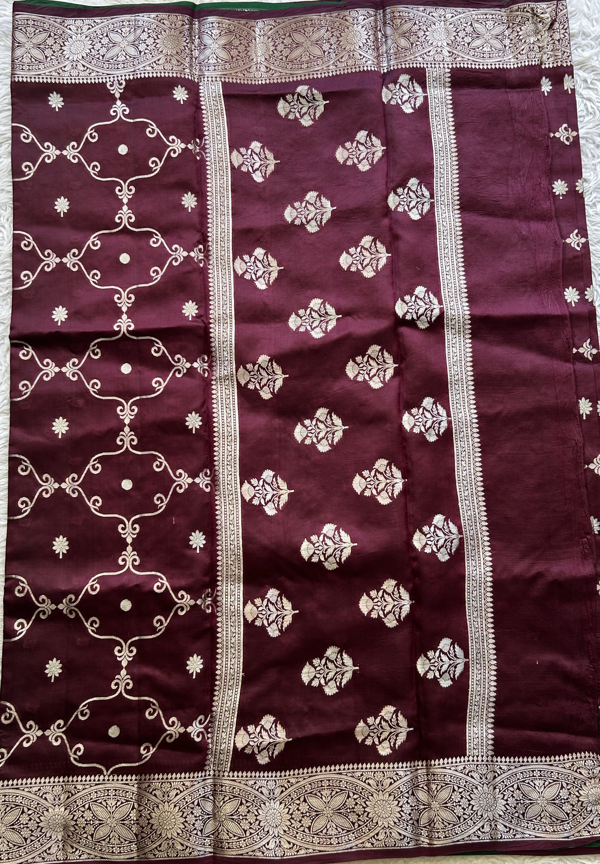 Chiniya Silk Saree Wine Colored Exquisite with a Zari Border. - Sampradaya Designer Studio