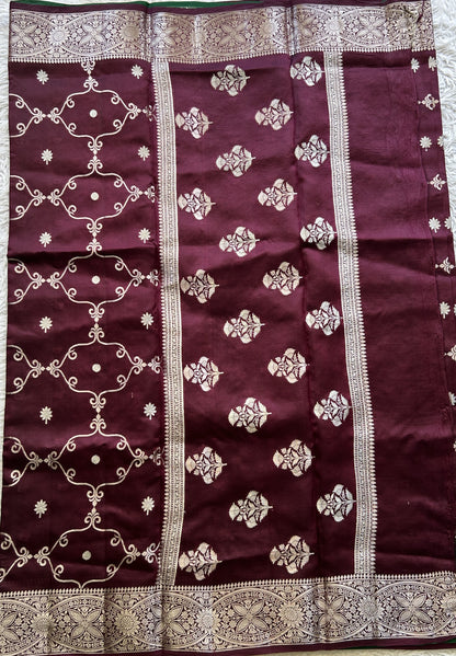 Chiniya Silk Saree Wine Colored Exquisite with a Zari Border. - Sampradaya Designer Studio