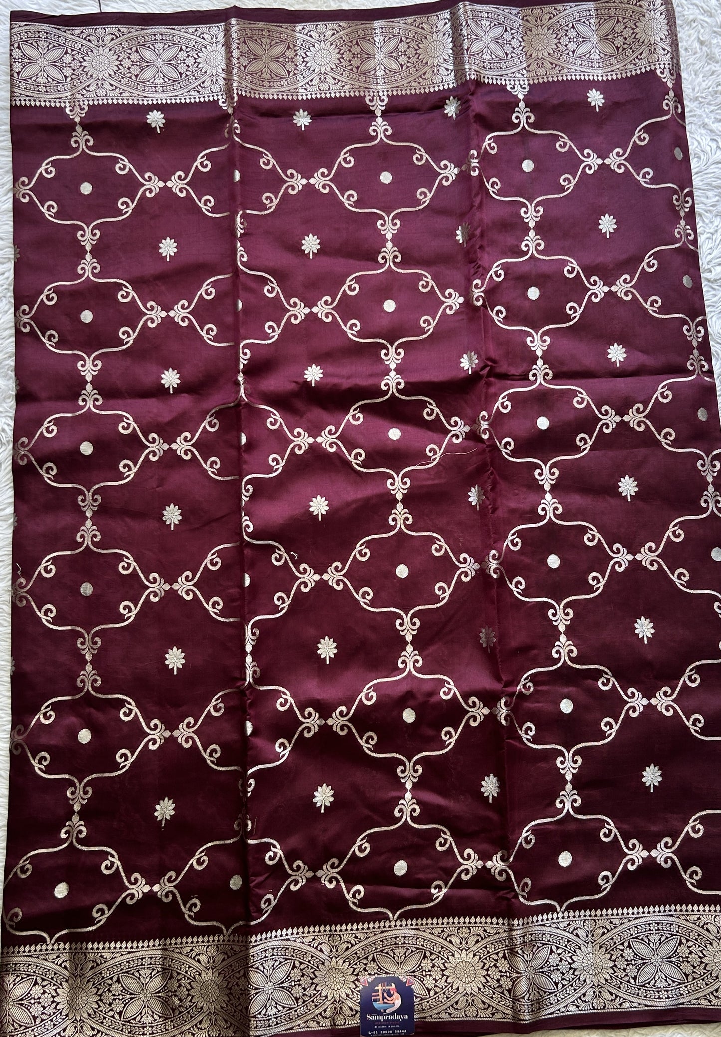 Chiniya Silk Saree Wine Colored Exquisite with a Zari Border. - Sampradaya Designer Studio