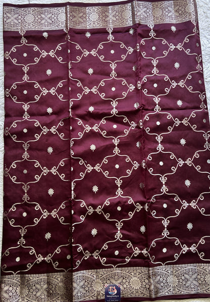 Chiniya Silk Saree Wine Colored Exquisite with a Zari Border. - Sampradaya Designer Studio