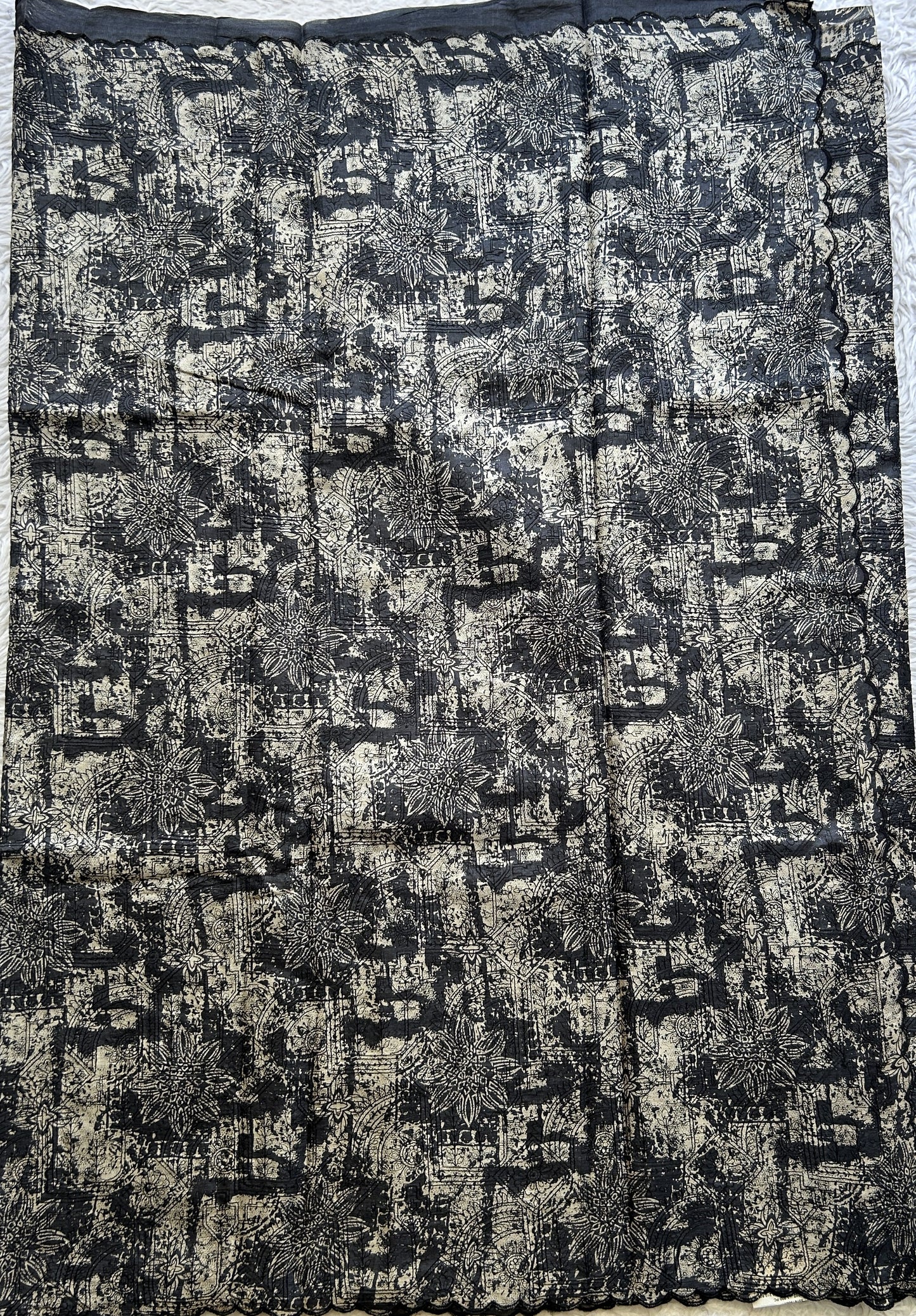 Pure Tussar Silk Saree Black Color Elegantly Paired with a Scallop Border. - Sampradaya Designer Studio