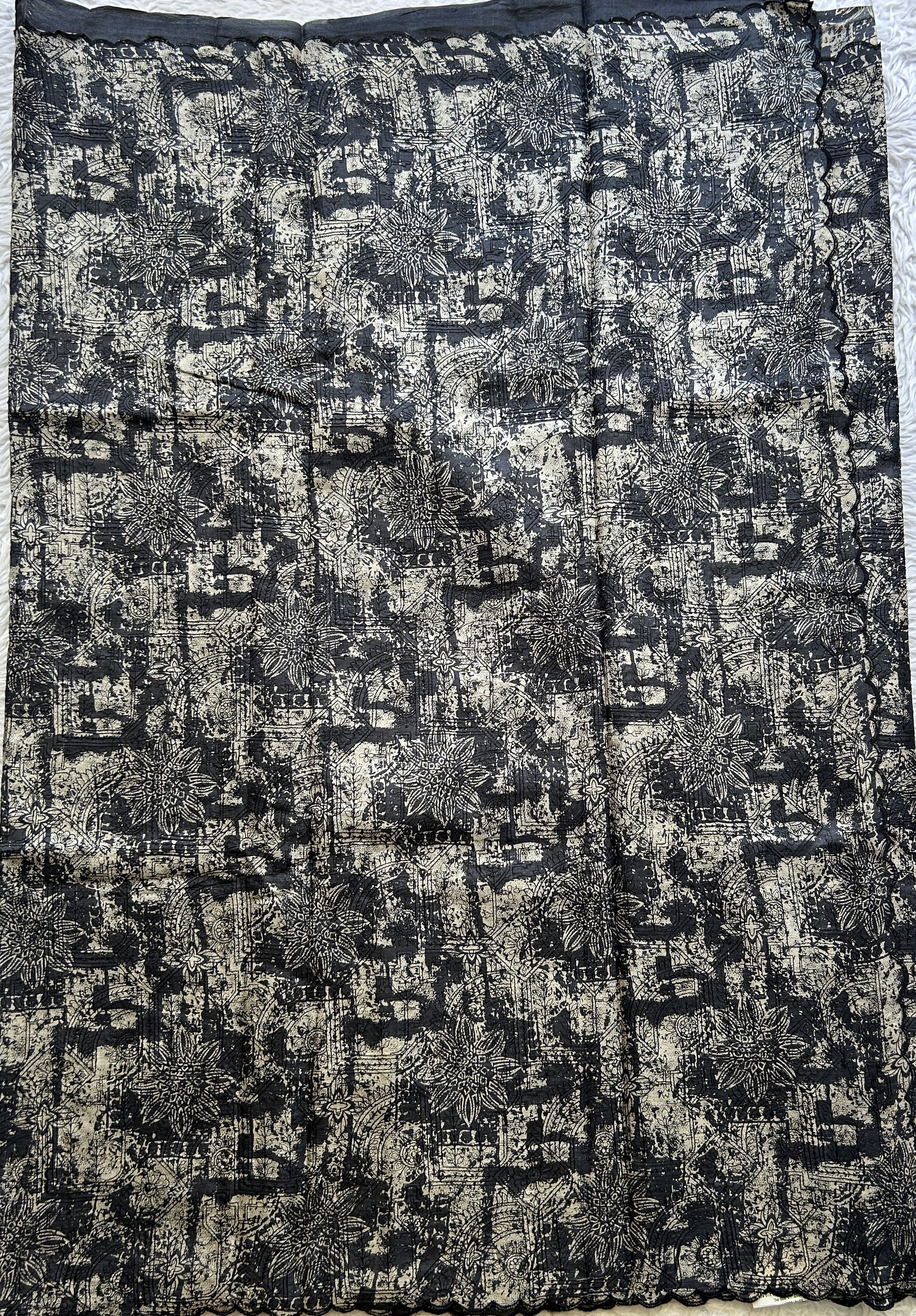 Pure Tussar Silk Saree Black Color Elegantly Paired with a Scallop Border. - Sampradaya Designer Studio