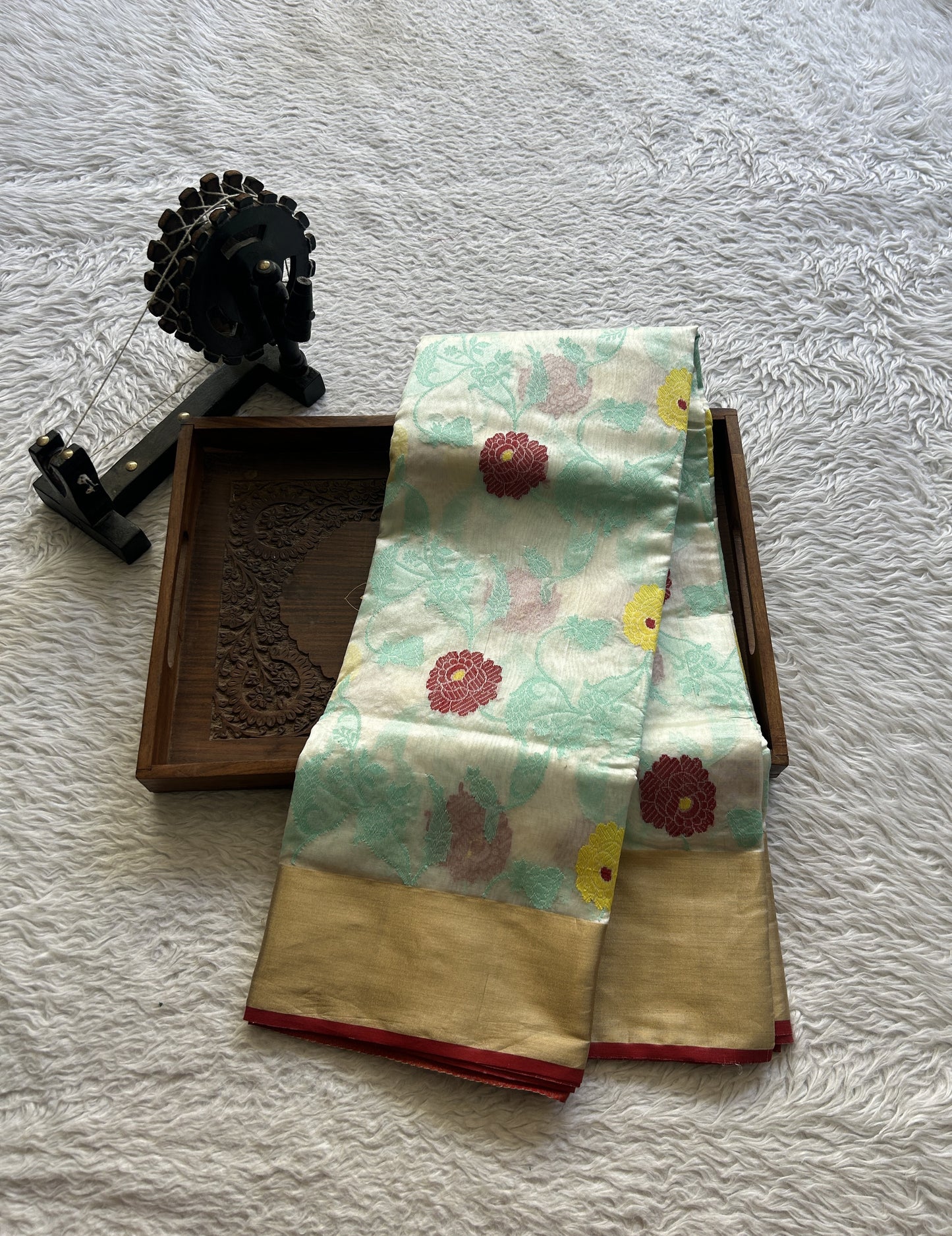 Chanderi Silk Allover Saree White color Elegantly Paired with a Zari border - Sampradaya Designer Studio
