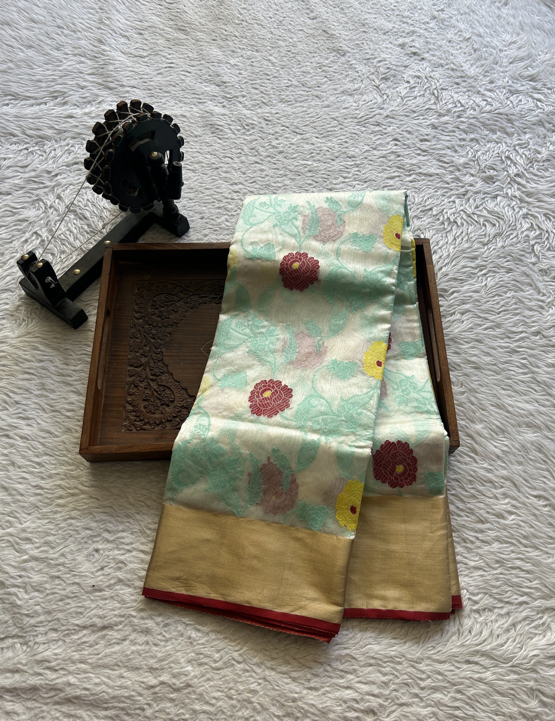 Chanderi Silk Allover Saree White color Elegantly Paired with a Zari border - Sampradaya Designer Studio
