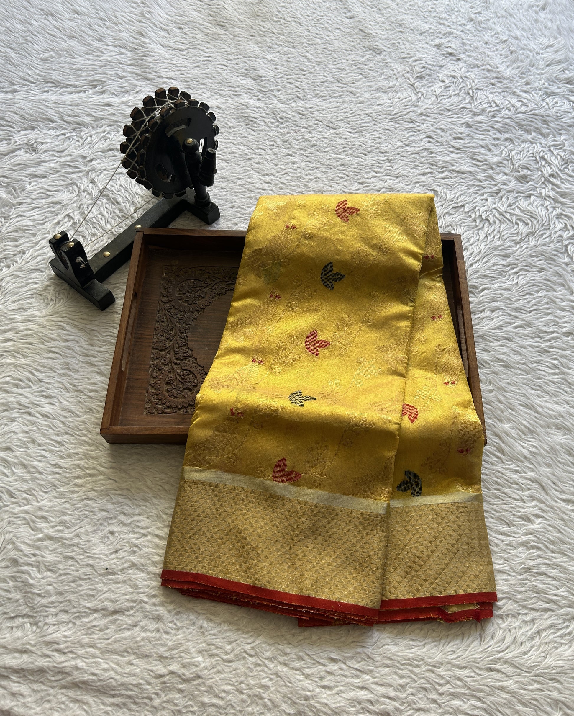 Chanderi Silk Allover Saree Yellow color Elegantly Paired with a Zari border - Sampradaya Designer Studio