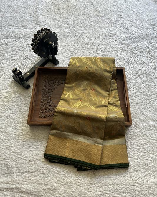 Chanderi Silk Allover Saree Olive Green color Elegantly Paired with a Zari border - Sampradaya Designer Studio