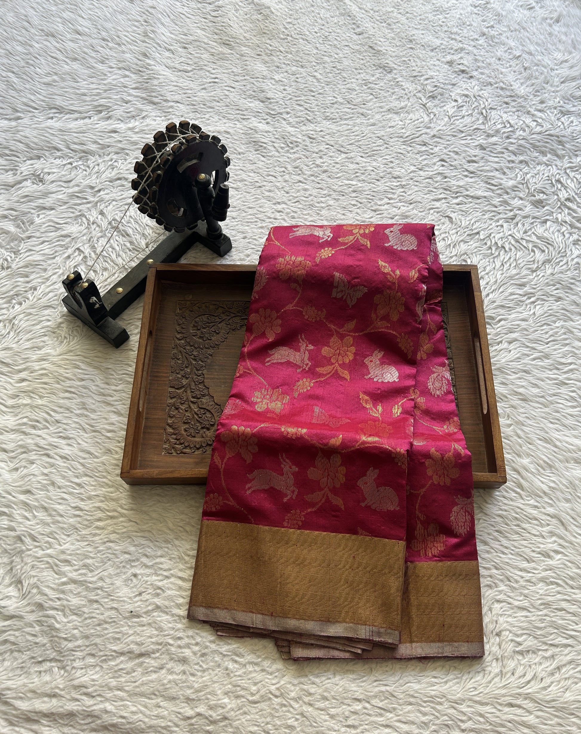 Chanderi Silk Allover Saree Dark Pink color Elegantly Paired with a Zari border - Sampradaya Designer Studio