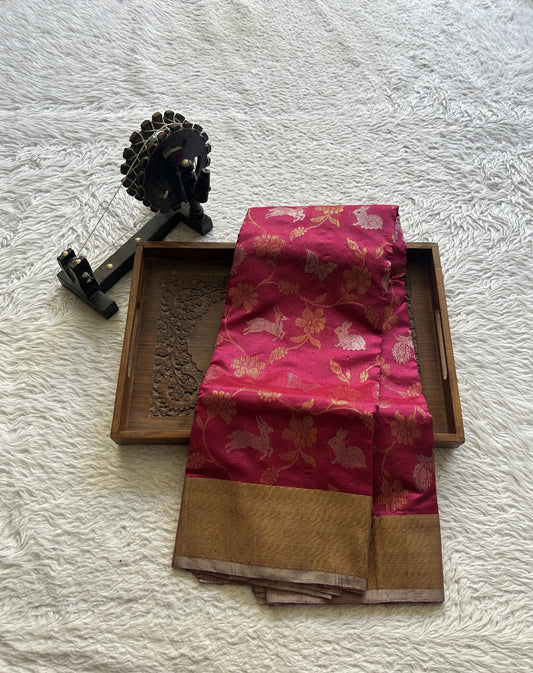 Chanderi Silk Allover Saree Dark Pink color Elegantly Paired with a Zari border - Sampradaya Designer Studio
