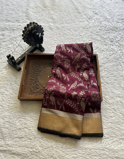 Chanderi Silk Allover Saree Mulberry color Elegantly Paired with a Zari border - Sampradaya Designer Studio