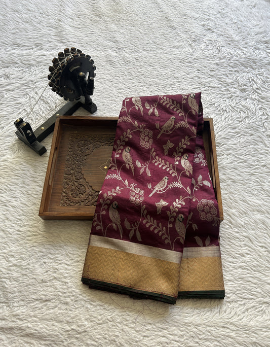 Chanderi Silk Allover Saree Mulberry color Elegantly Paired with a Zari border - Sampradaya Designer Studio